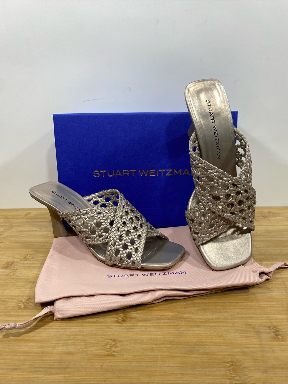 NIB Stuart Weitzman Thea Slide 75 Champagne Metallic Heeled Sandal Sz 10 B /40.5